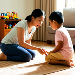 A warm, inviting living room scene in a Malaysian home. A mother is kneeling, listening empathetically to her two young children who are disagreeing over a toy. Soft, natural light fills the room, highlighting the open communication and safe space for expressing emotions. Focus on positive family relationships.