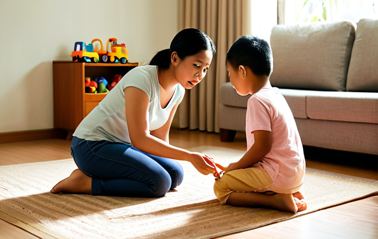 A warm, inviting living room scene in a Malaysian home. A mother is kneeling, listening empathetically to her two young children who are disagreeing over a toy. Soft, natural light fills the room, highlighting the open communication and safe space for expressing emotions. Focus on positive family relationships.