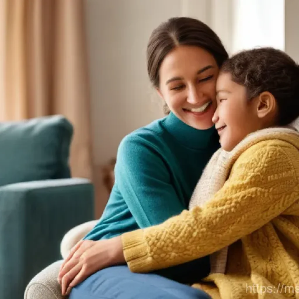 아기와 형제 갈등 해결 - **Prompt:** A cozy, heartwarming scene indoors. A mother, wearing a comfortable long-sleeved top and...