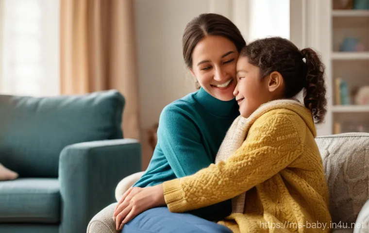 아기와 형제 갈등 해결 - **Prompt:** A cozy, heartwarming scene indoors. A mother, wearing a comfortable long-sleeved top and...