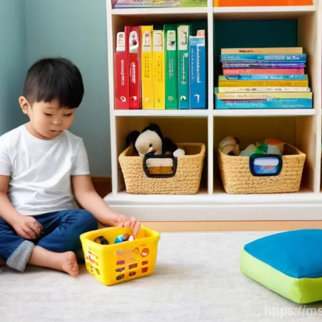 아기 정리정돈 습관 - **Prompt:** A brightly lit, clean, and organized children's play area in a modern Malaysian home. Th...