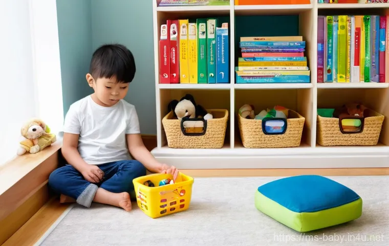 아기 정리정돈 습관 - **Prompt:** A brightly lit, clean, and organized children's play area in a modern Malaysian home. Th...