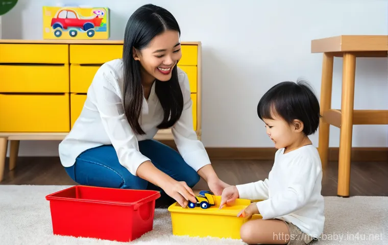 아기 정리정돈 습관 - **Prompt:** A brightly lit, clean, and organized children's play area in a modern Malaysian home. Th...