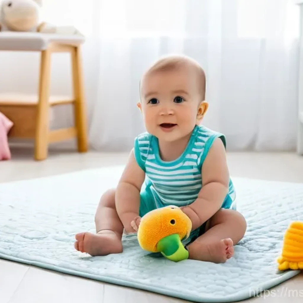 아기 놀이 교구 추천 - **Sensory Play for Baby:** A happy and curious baby, approximately 4-6 months old, is sitting on a s...