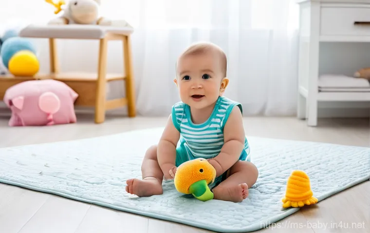 아기 놀이 교구 추천 - **Sensory Play for Baby:** A happy and curious baby, approximately 4-6 months old, is sitting on a s...