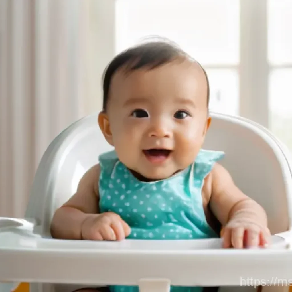 아기와 고체 이유식 시작 - **Prompt:** A heartwarming, brightly lit scene of a happy baby, around 6-8 months old, sitting uprig...