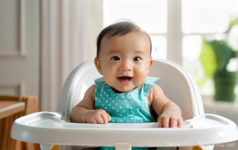 아기와 고체 이유식 시작 - **Prompt:** A heartwarming, brightly lit scene of a happy baby, around 6-8 months old, sitting uprig...