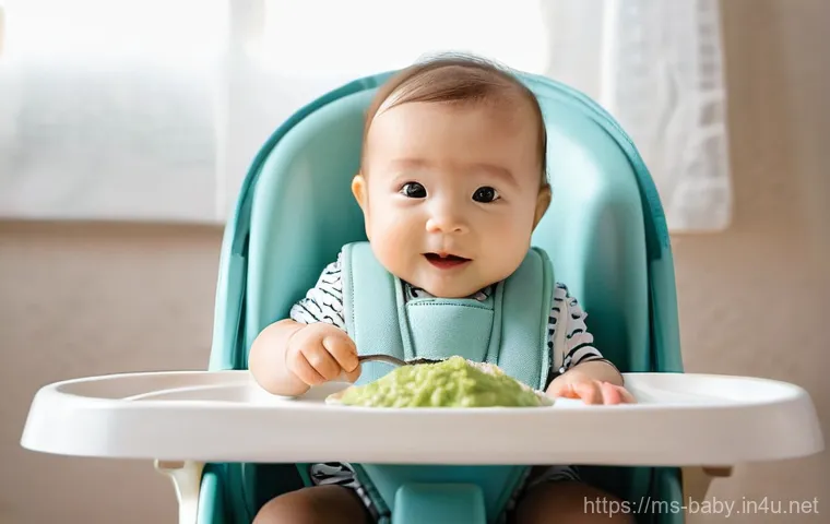 아기와 고체 이유식 시작 - **Prompt:** A close-up, cheerful, and slightly messy scene of a 9-11 month old baby in a high chair,...