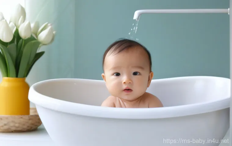 아기 샴푸 선택법 - **Prompt:** A heartwarming scene of a Malay mother gently bathing her baby in a clean, brightly lit ...
