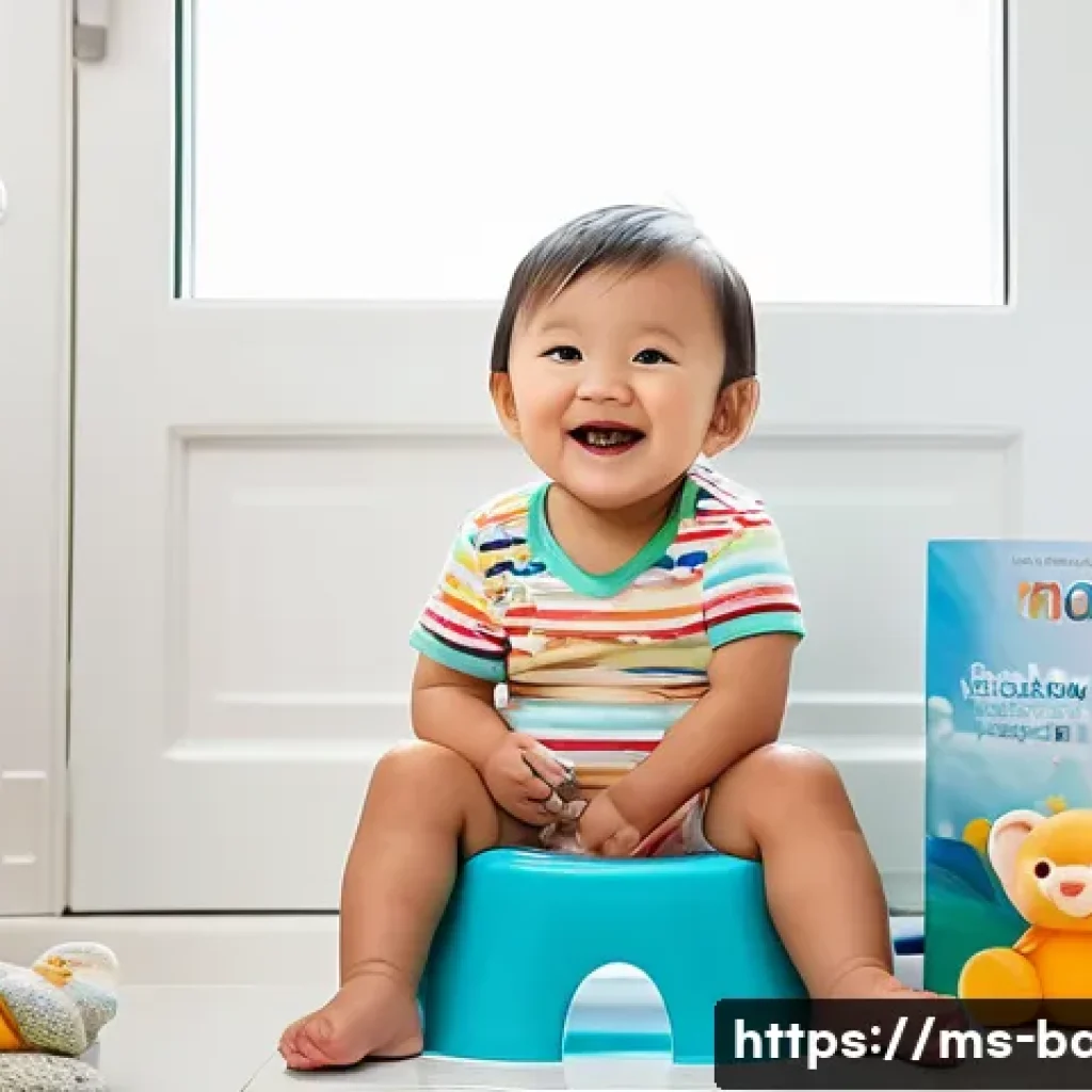 배변훈련 꿀팁 - A joyful toddler wearing a colorful diaper sitting comfortably on a small potty chair in a bright, c...