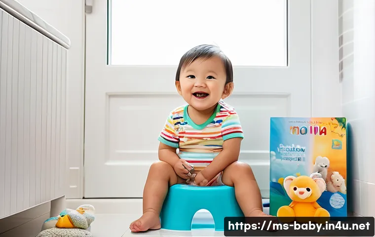 배변훈련 꿀팁 - A joyful toddler wearing a colorful diaper sitting comfortably on a small potty chair in a bright, c...