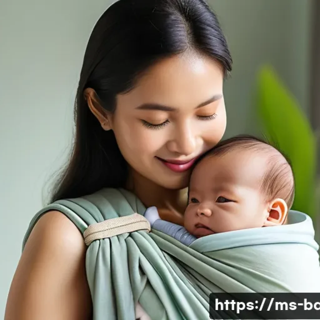 아기 슬링 사용법 - A caring Southeast Asian mother wearing a lightweight cotton baby sling holding her infant securely ...