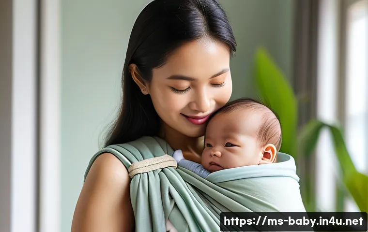 아기 슬링 사용법 - A caring Southeast Asian mother wearing a lightweight cotton baby sling holding her infant securely ...