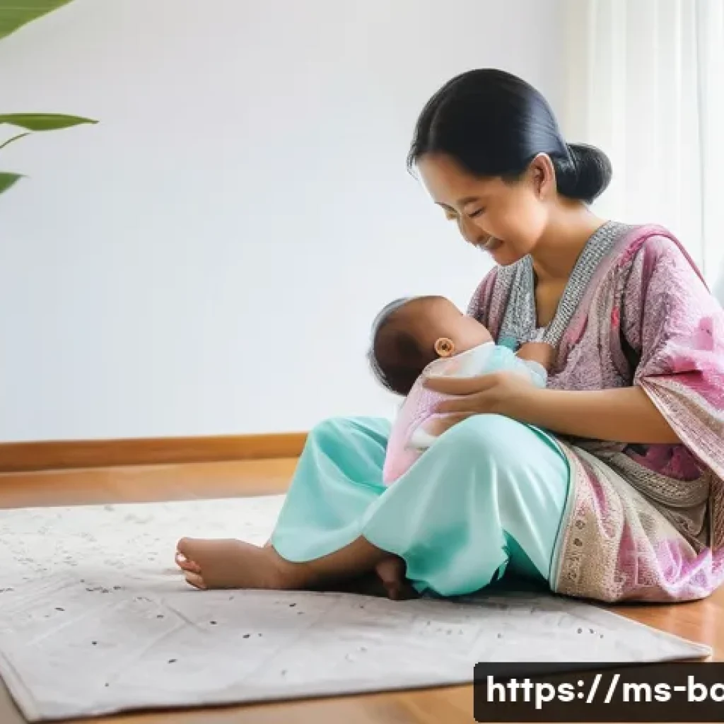아기 변비 완화 방법 - A gentle scene of a Malay mother giving her six-month-old baby, wearing a diaper, a warm bottle of w...