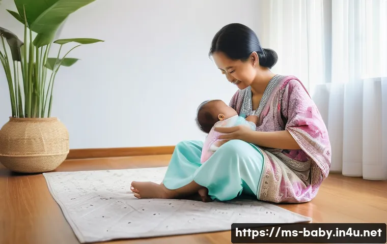 아기 변비 완화 방법 - A gentle scene of a Malay mother giving her six-month-old baby, wearing a diaper, a warm bottle of w...
