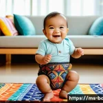아기 첫걸음마 도와주는 방법 - A joyful Malay baby wearing a colorful diaper, standing with support by holding onto a sturdy wooden...