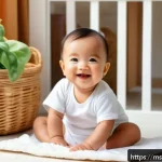 아기 옷 세탁 방법 - A cozy and bright Malaysian nursery scene featuring a smiling baby wearing a clean white diaper, sur...