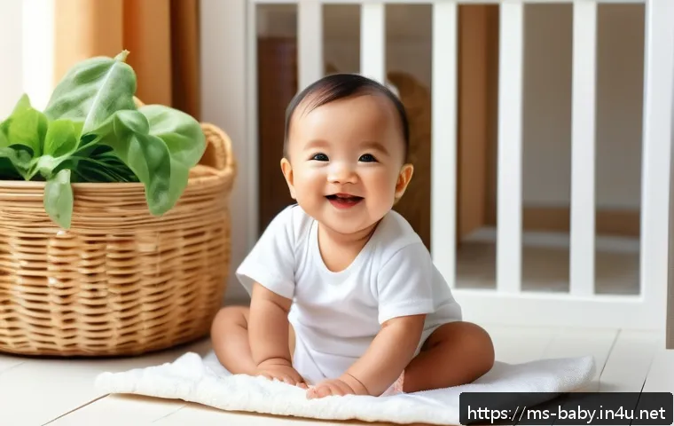 아기 옷 세탁 방법 - A cozy and bright Malaysian nursery scene featuring a smiling baby wearing a clean white diaper, sur...