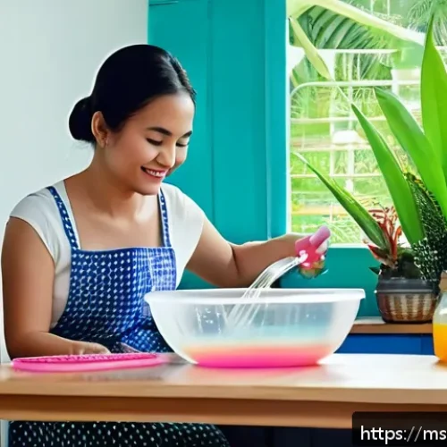 아기와 장난감 소독 방법 - A bright and cozy Malaysian kitchen scene showing a mother gently cleaning her baby's silicone toys ...