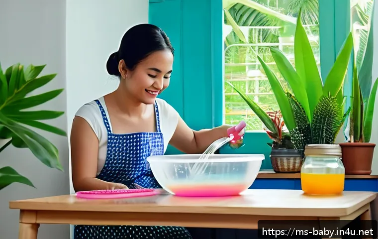 아기와 장난감 소독 방법 - A bright and cozy Malaysian kitchen scene showing a mother gently cleaning her baby's silicone toys ...