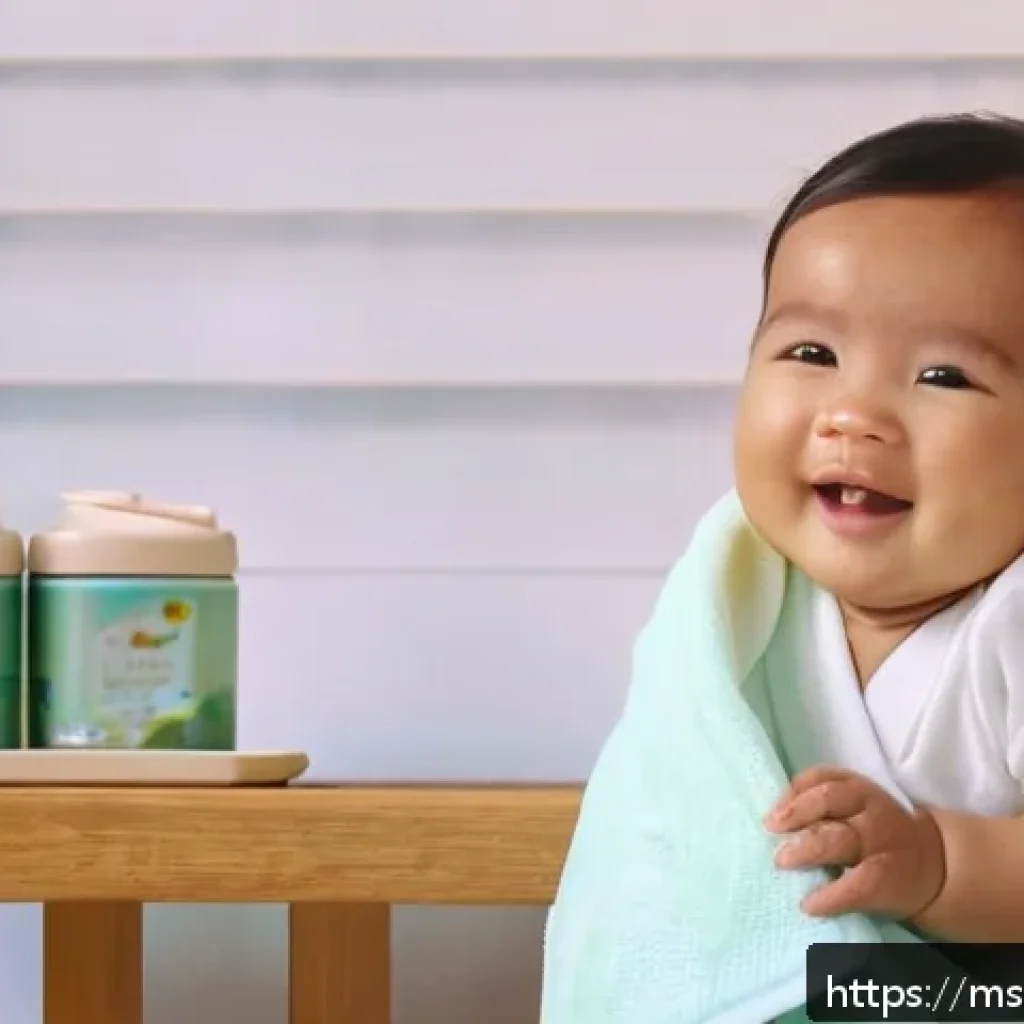 아기 생활습관 형성 - A calm and cozy Malaysian nursery scene showing a smiling baby wearing a clean diaper, gently rubbin...